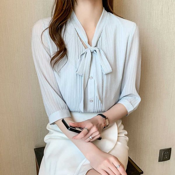 

summer korean fashion chiffon woman shirts office lady short sleeve buttoned shirt plus size xxl skyblue ladies blouse 210531, White