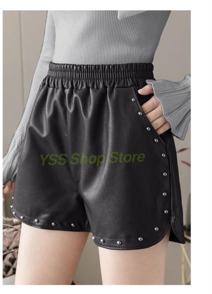 

women's shorts 2021 pu leather women rivet black short streetwear high waist ladies casual elastic, White;black