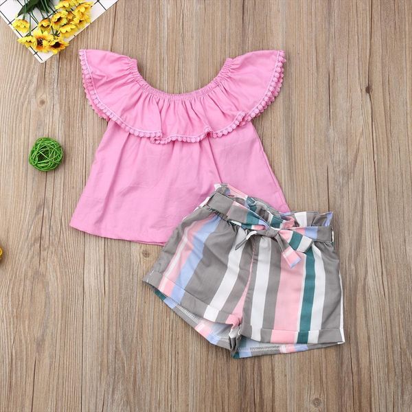 

toddler baby girl clothes sets off shoulder ruffle solid color striped short pants 2pcs casual outfits summer clothing, White
