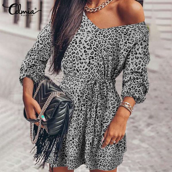 

dresses women's fashion nightclub v-neck dress celmia summer leopard print ruffles dresses retro long sleeve belted minivestidos, Black;gray