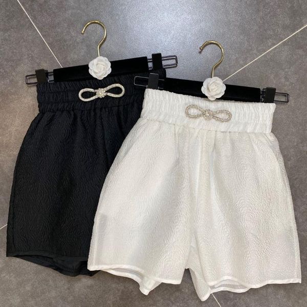 

summer elastic waist shorts for women rhinestone bow buckle decorative dark pattern retro women's girls, White;black