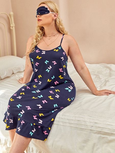 

plus all over print ruffle hem cami night dress with eye cover i3nc#, Black;white