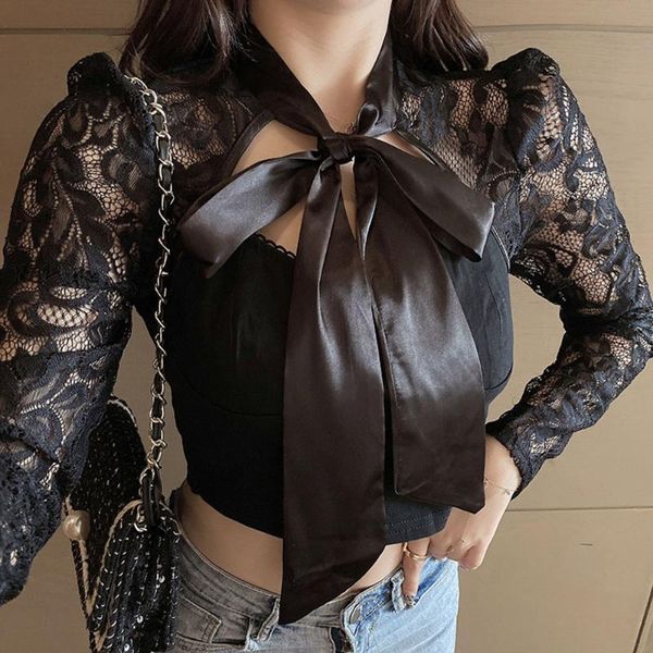 

women's blouses & shirts 2021 high street fashion blouse solid color splicing lace perspective bandage long sleeve summer hipster, White