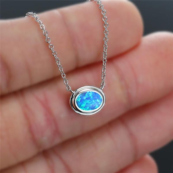 

pendant necklaces dainty silver color chain oval necklace cute female blue opal for women boho bridal geometric wedding