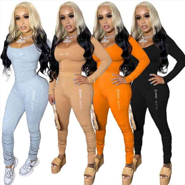 

fall letter embroidery tracksuits full womenpant sleeve stacked two piece set casual fitness outfits sportswear, White