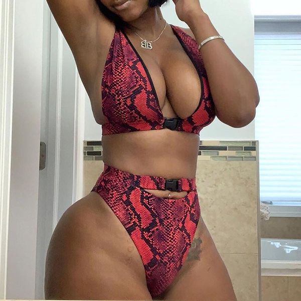 

2021 snake print push up bikini high waist swimsuit women bule belt swimwear female brazilian bikini set high cut bathing suiting