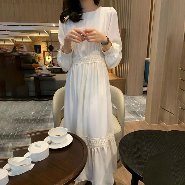 

casual dresses autumn 2021 elegant temperament long dress solid color japanese style fashion women's clothing round neck sleeve, Black;gray