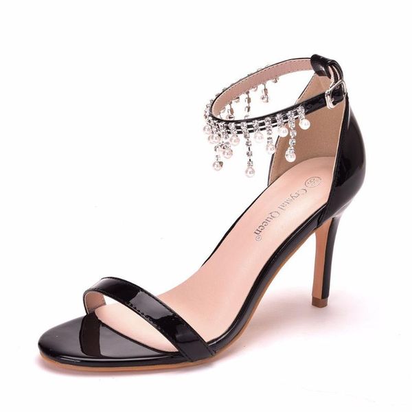 

sandals 2021 8cm nude high-heeled shallow mouth with stiletto fish open toe roman beaded summer high heels, Black