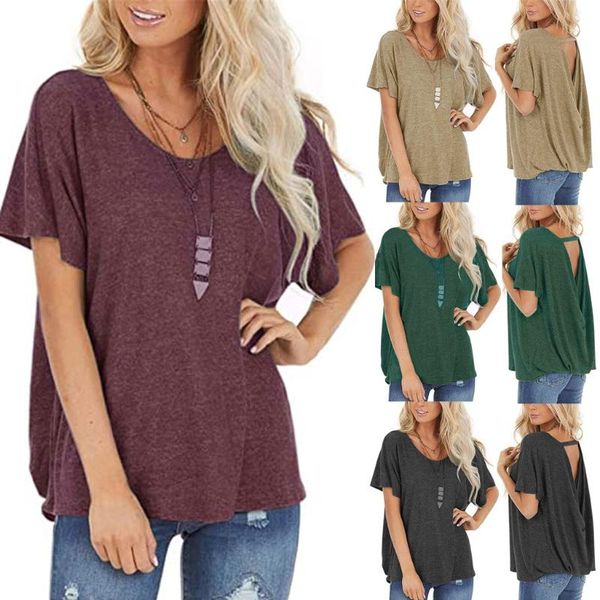 

fashion backless blouse shirt loose solid casual summer ladies female women short sleeve shirt blusas pullover, White