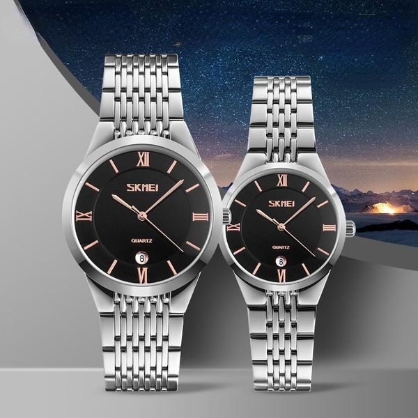 

wristwatches skmei simple 304 stainless steel strap lover series wrist watch with date men women clocks quartz couple watches 9139, Slivery;brown