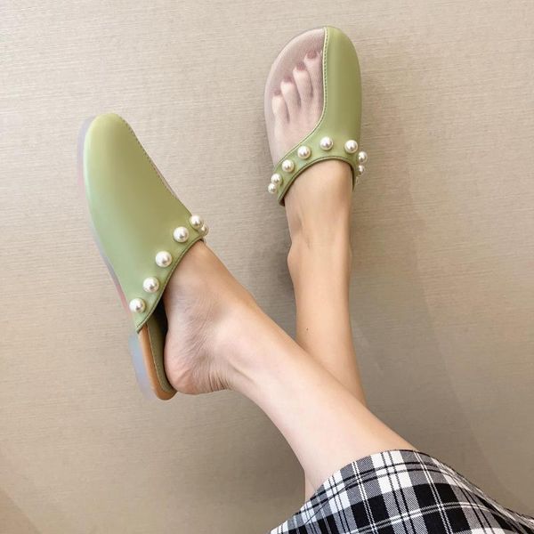

slippers baotou mesh women 2021 summer soft - soled pearl embellishments rainbow soles wear fashion flip-flops tide, Black