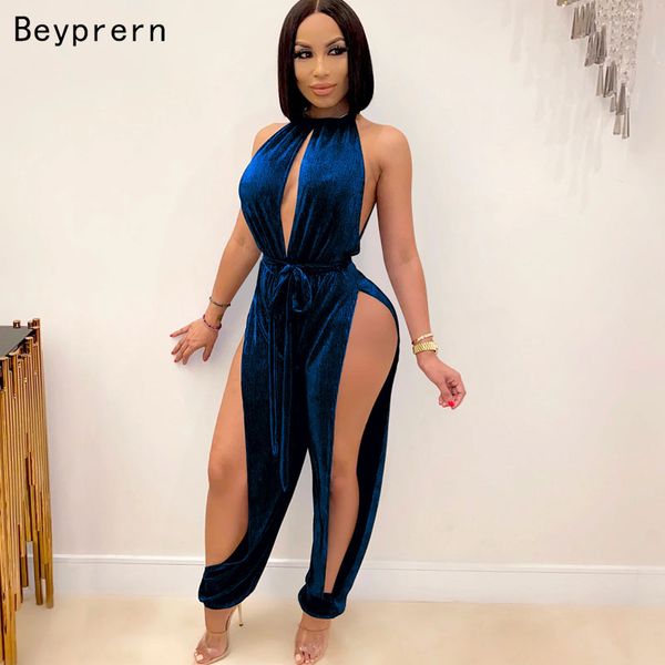 

beyprern beautiful high slit open leg jumpsuit rompers womens sleeveless hollow out corduroy belted jumpsuits club overalls, Black;white