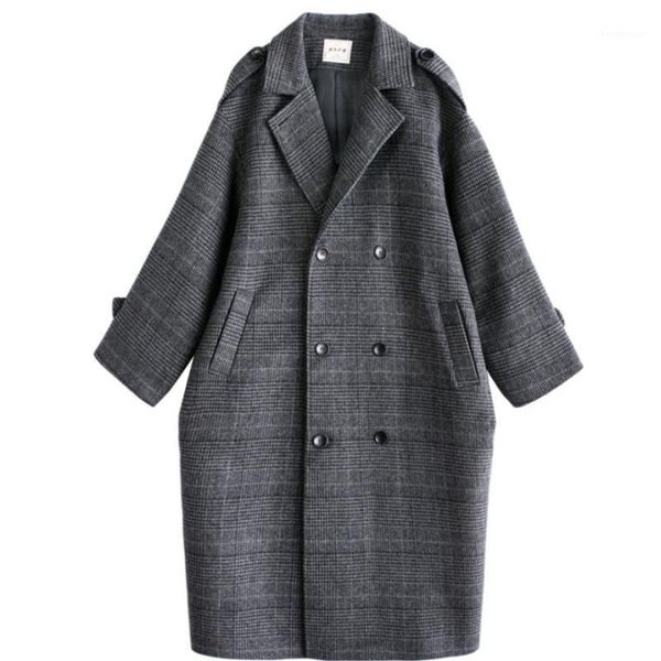 

women's wool & blends coat women plus size plaid elegant long double breasted winter for ladies fashion, Black