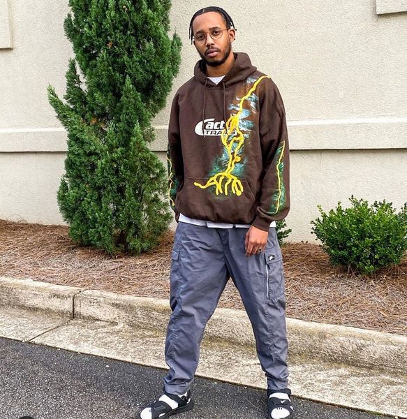 

20ss ins hip hop stars thunder trails puff print skateboard hooded sweatshirt men women hoodie, Black