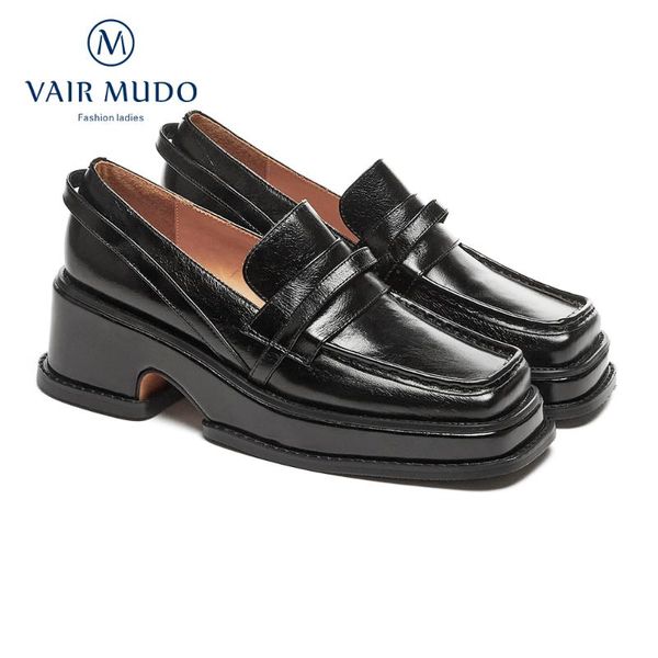 

women pumps thick bottom platform shoes genuine leather slip on elegant square toe d120l dress, Black