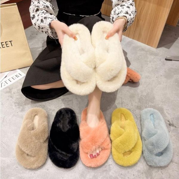 

slippers women furry ladies shoes cute plush hair fluffy sandals indoor home fur winter warm 2021, Black