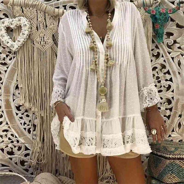 

5xl plus size white lace blouse women summer v neck long sleeve chiffon shirt big sizes loose ladies tunic 210719