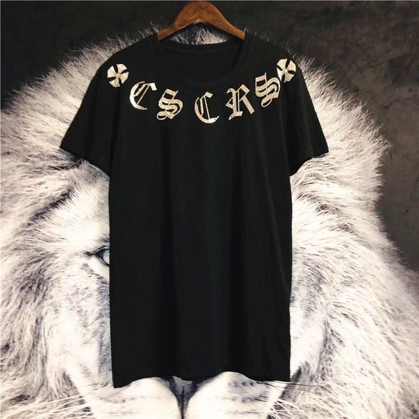 

luxury design social spirit guy short drill tshirt summer slim tide brand pure cotton half sleeve clothes men's and women's lovers, White;black