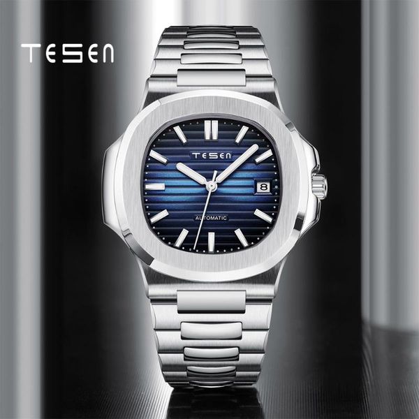 

wristwatches tesen design men automatic mechanical sports watches male military steel luminous hand nautilus wristwatch, Slivery;brown