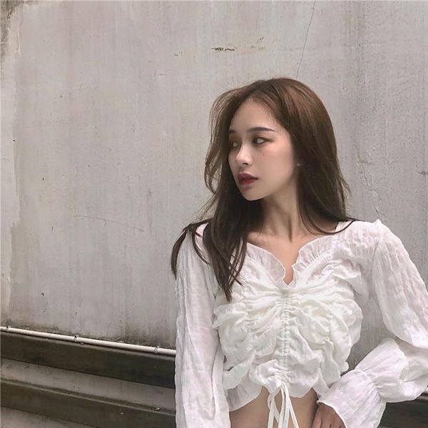 

autumn arrival french solid women shirt color white long sleeve lace up short slim fit v neck free