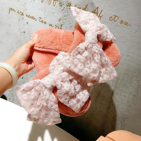 

slippers autumn winter women shoes lace embroidered bow sweet ladies cute plush indoor home furry slides woman, Black
