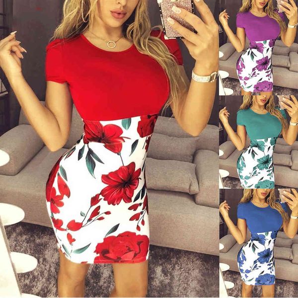 OUFISUN Büyük Boy Seksi Paketler Kalça Kadın Yaz Elbise Rahat Bodycon Çiçek Baskı Elbiseler Zarif Ince Patchwork Plus 210517