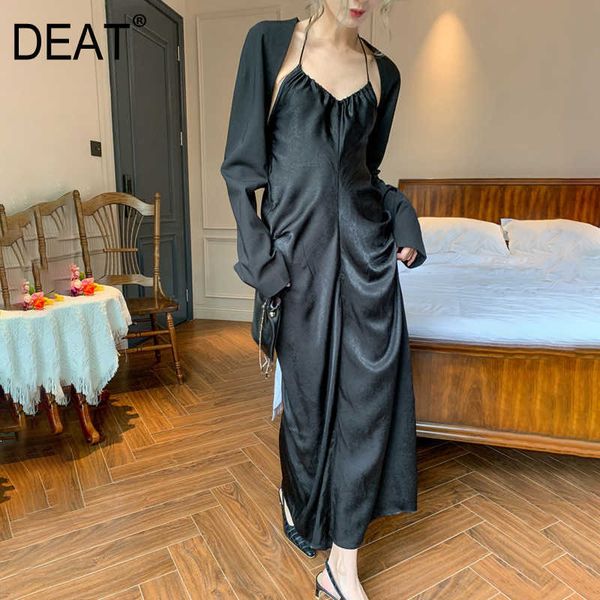 

[deat] summer fashion v-neck high waist sleeveless sling solid color loose fit elegant dress women 13q150 210527, Black;gray