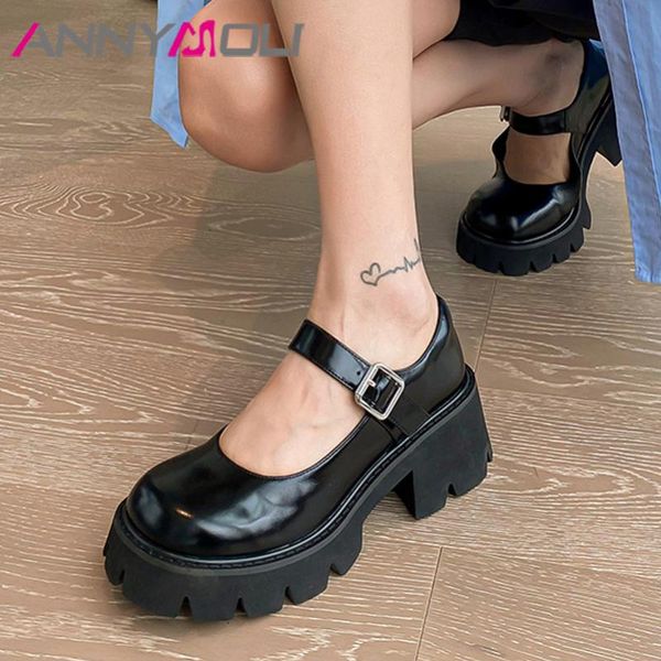 

dress shoes annymoli real leather women mary janes platform block high heels round toe pumps buckle strap ladies footwear cow, Black