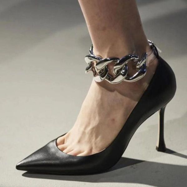 

heels women pointed toe chain decoration stiletto high dress shoes, Black