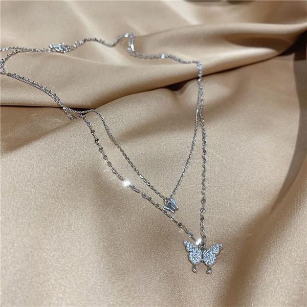 

pendant necklaces 2021 trendy double layer butterfly necklace women elegant luxurious clavicle chain delicate jewelry female romantic choker, Silver