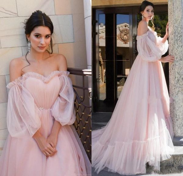 Árabe Rosa Vintage Fantasia Princesa Prom Vestidos off Ombro Puffy Sleeves 2021 Mais Novos Vestidos de Noite Formal Vestidos Grawns Plus Size