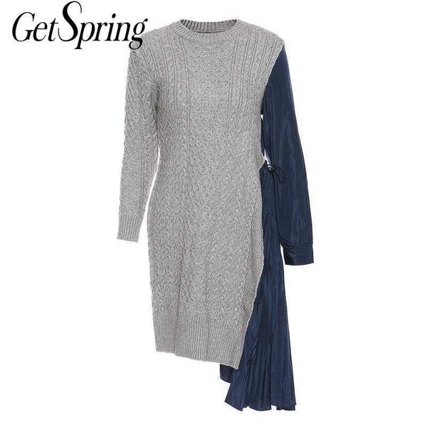 

getspring women dress patchwork asymmetry knitting sweater dresses irregular color matching autumn winter 210601, Black;gray