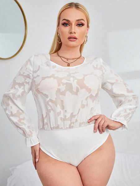 

plus jacquard flounce sleeve bodysuit 446d#, Black