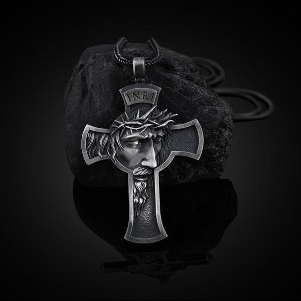 

christian religion crucifixion pendant catholic tag necklace sweater chain, Silver