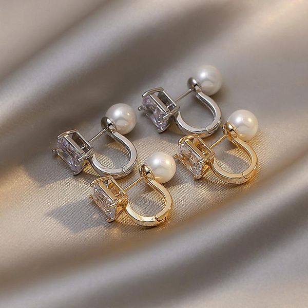

hoop & huggie ins fashion geometric u-shaped crystal pearl earrings for women exquisite temperament korean girl jewelry gift, Golden;silver