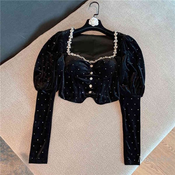 

blouses rhinestone collar velour shirt women bubble sleeve lady all-match crop female spring autumn clothes, White
