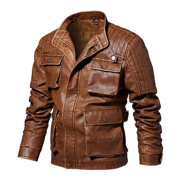 

men's fur & faux brand tactical pu leather jacket men turn-down collar motorcycle male winter 2021 drop, Black