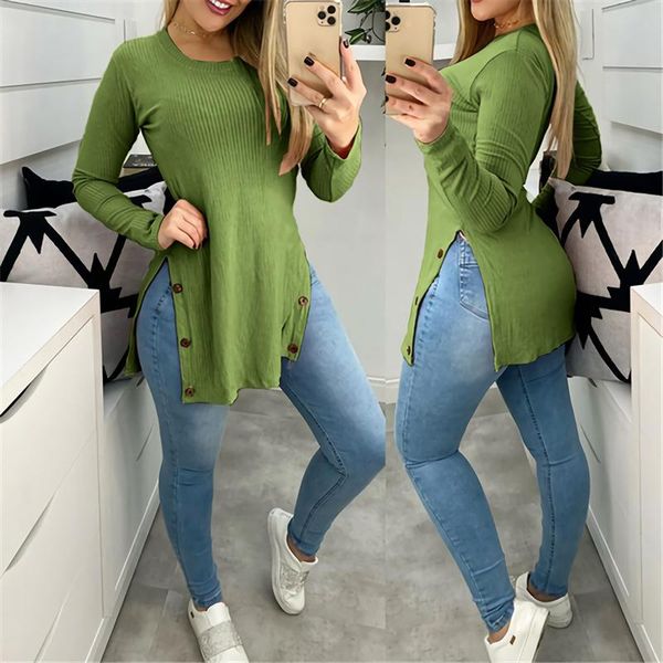 

women's blouses & shirts elegant long sleeve shirt lady side slit button pullover autumn spring casual o neck women rib blouse str, White