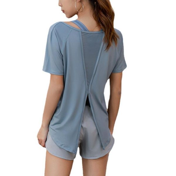 

yoga outfit summer loose breathable mesh backless sport women short sleeve shirt gym fitness quick dry workout running t