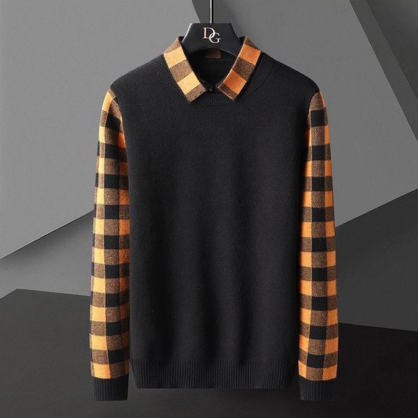 

men's sweaters japanese korean shirts fake two pieces sweater streetwear plaid lapel collared shirt long sleeve men knitted pullovers, White;black