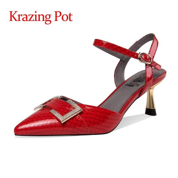 

sandals krazing pot cow patent leather thin high heels pointed toe metal fasteners rhinestone buckle straps mules women l49, Black