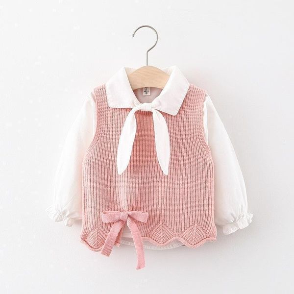 

baby girls shirt + vest suit autumn sweater doll collar princess kids1, White