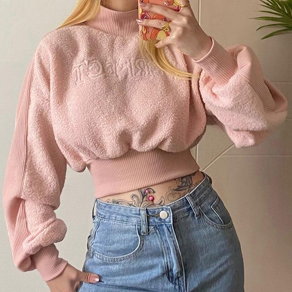 

short lambswool sweatshirt women plush coat spring autumn warm faux lamb fur hoodies long sleeve solid pink pullovers women's & sweats, Black