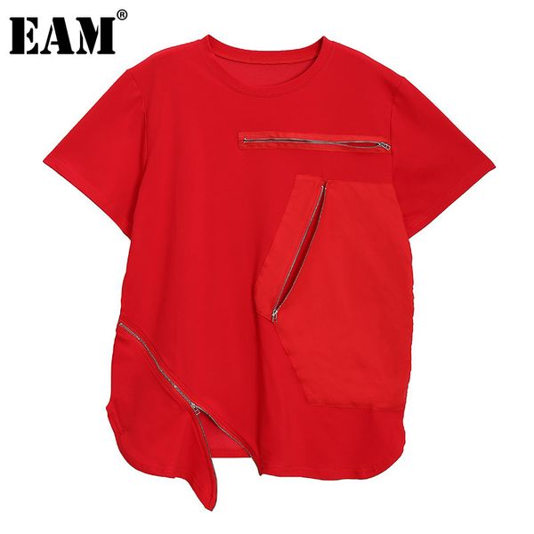 

[eam] women black big size casual asymmetrical zippers t-shirt round neck short sleeve fashion spring summer 1dd8564 21512, White