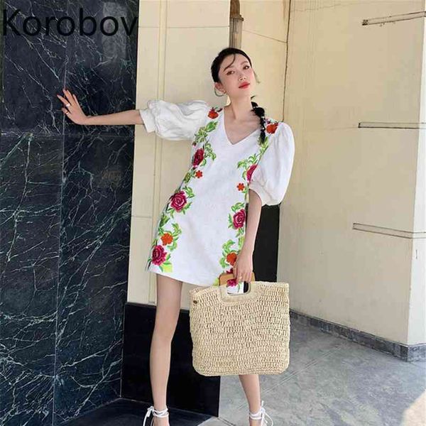 

korobov korean chic women flower embroidery dresses women v neck puff short sleeve dress fashion elegant summer dress 210430, Black;gray
