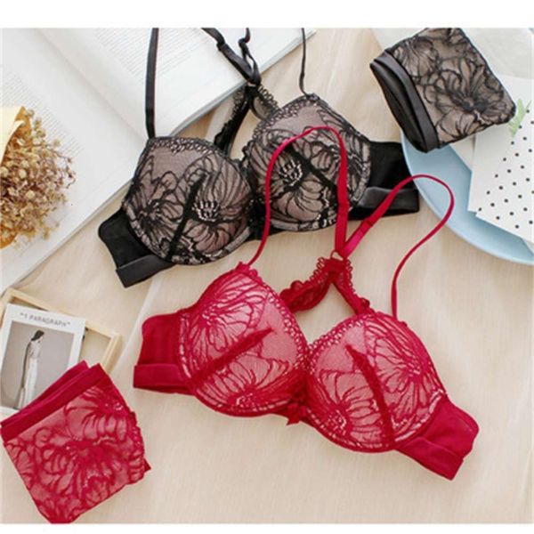 

summer underwear lace front buckle bra suit, Red;black