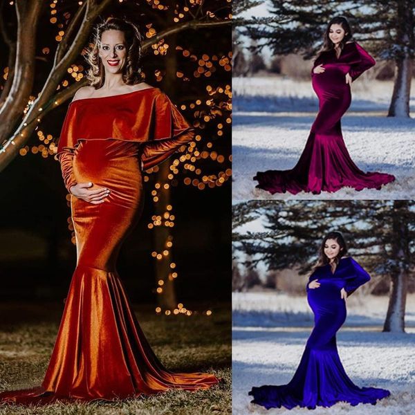 

casual dresses velvet maternity long dress pography ruffle off shoulder pregnancy po shoot pregnant on women winter maxi gown arrival, Black;gray