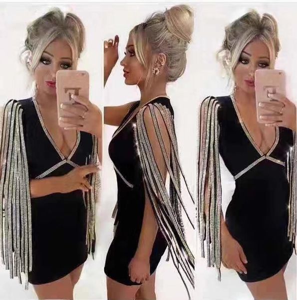 

dresses women luxury v neck tassel black bandage designer fashion evening party vestido, Black;gray