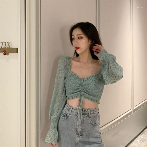 

women's blouses & shirts summer fall women crop green pink floral printed korean style streetwear bandage blouse puff sleeve chic elega, White