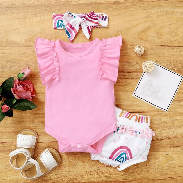 

clothing sets infant summer baby girls ruffle rainbow printed o-neck romper bodysuit sleeveless tassels shorts cotton outfits, White